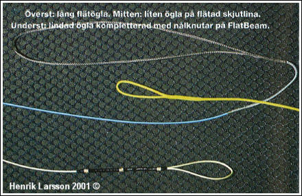 Överst: lång flätögla. Mitten: liten ögla på flätad skjutlina. Underst: lindad ögla kompletterad med nålknutar på FlatBeam