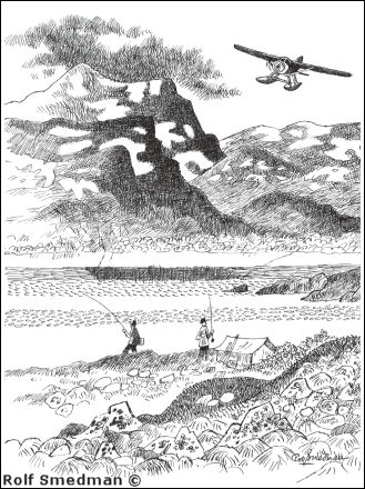 Teckning av en fjällfisketur, av Rolf Smedman ©