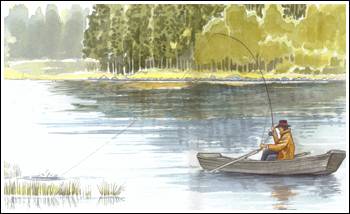 Flugfiske på gädda. Akvarell av Anders Forsling © 2000
